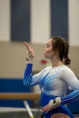 Gymnastics action shot — Homestead vs. Warsaw, Fort Wayne Indiana